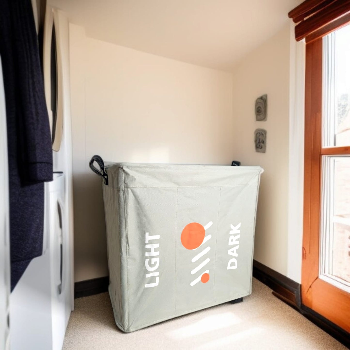 3 Section Laundry Basket with Wheels-Grey