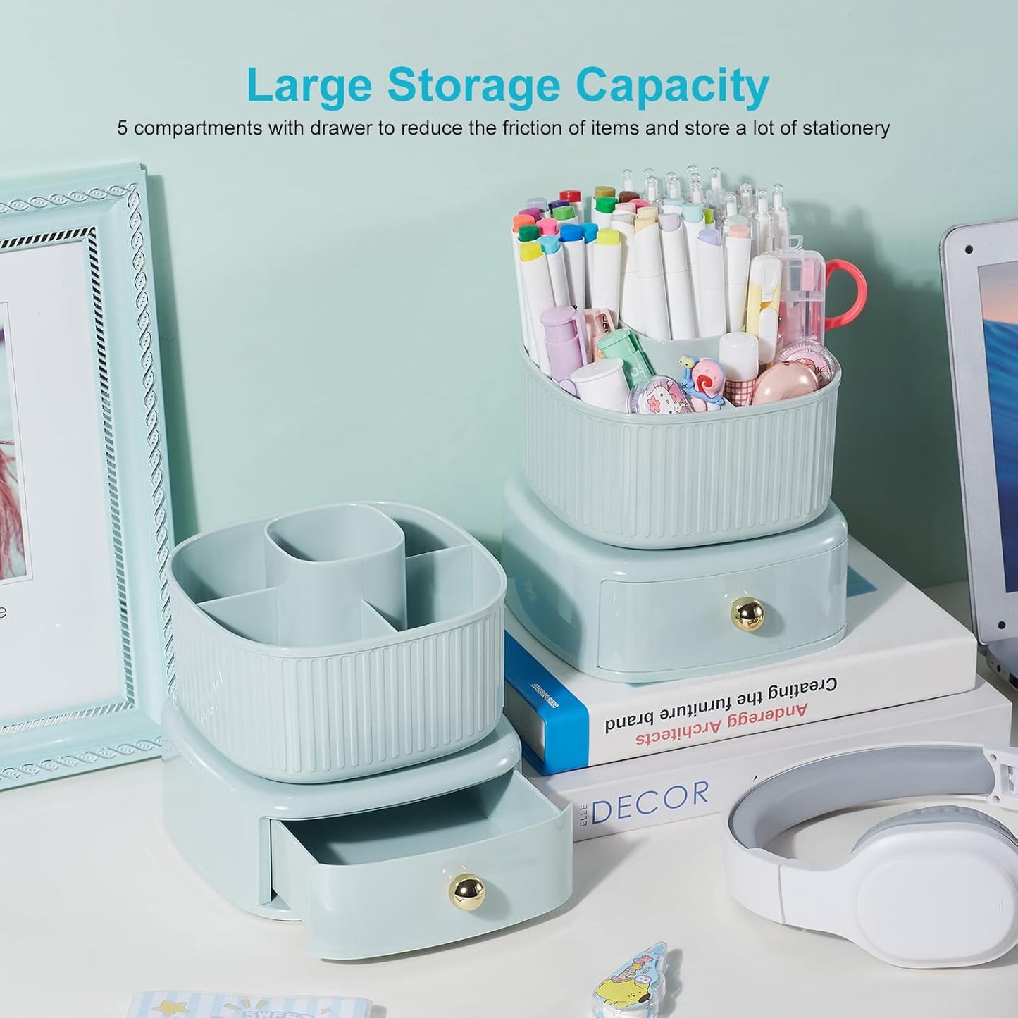 Rotating Cosmetic Holder with Drawer-Light Green