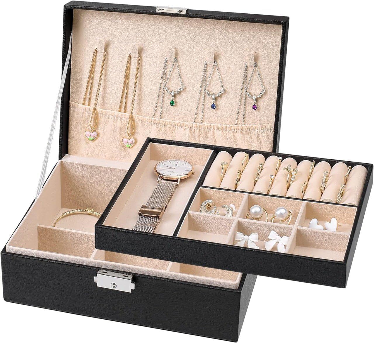 Double Layer Leather Jewellery Box-Black