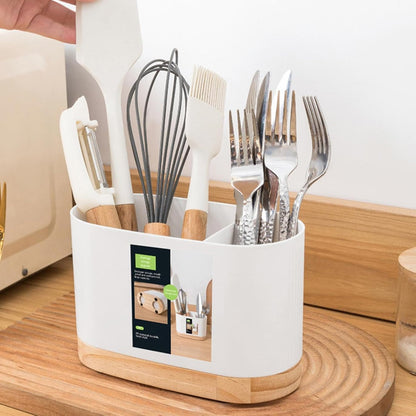 Kitchen Utensils Holder With Wooden Base-White