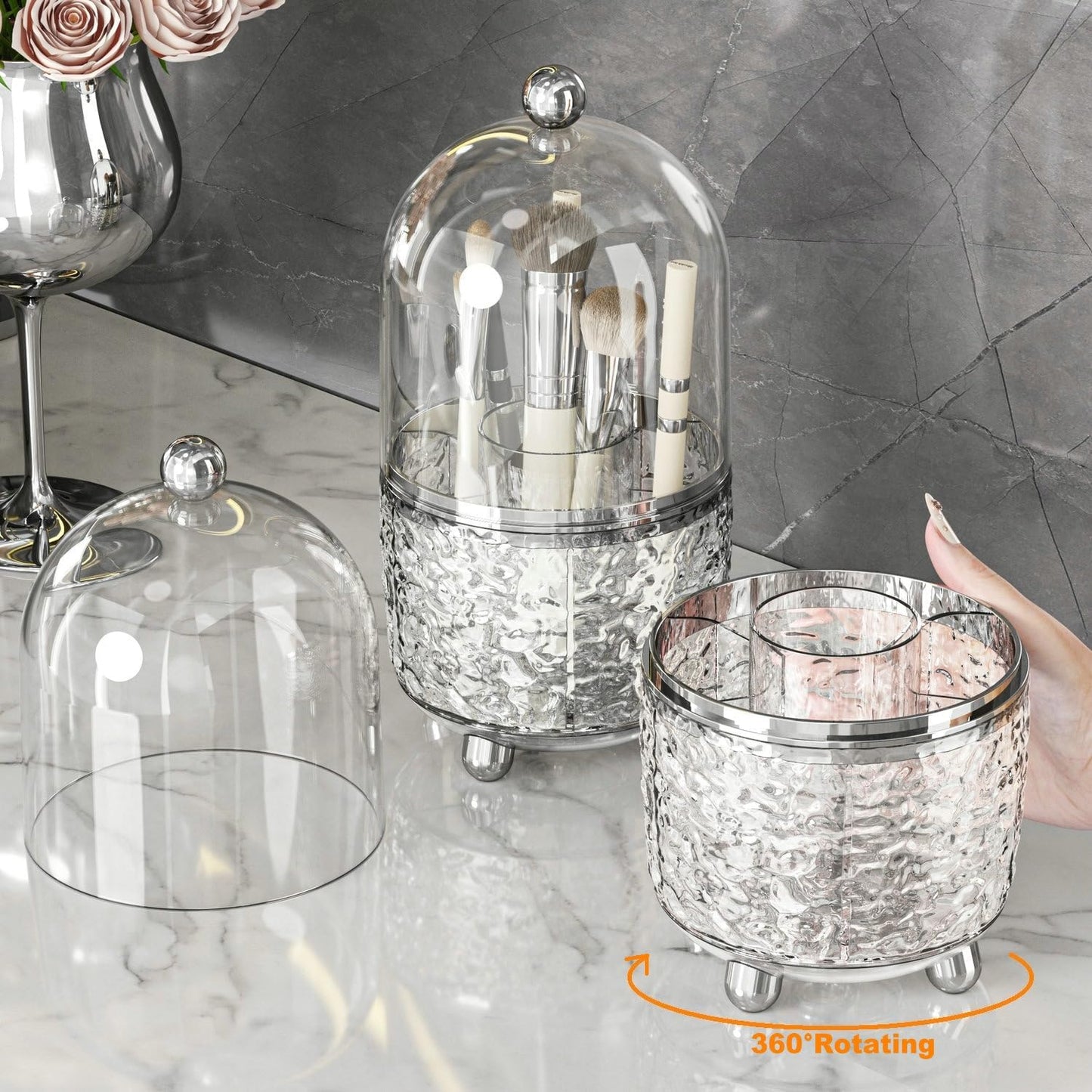 Rotating Makeup Brush Holder with Lid-Light Grey