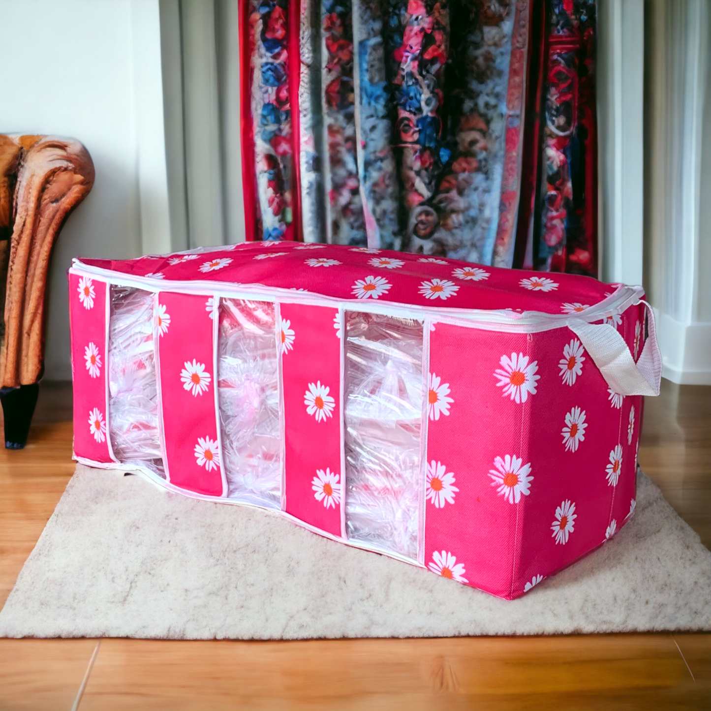 3 COMPARTMENT BAG -PINK FLOWER PRINTED