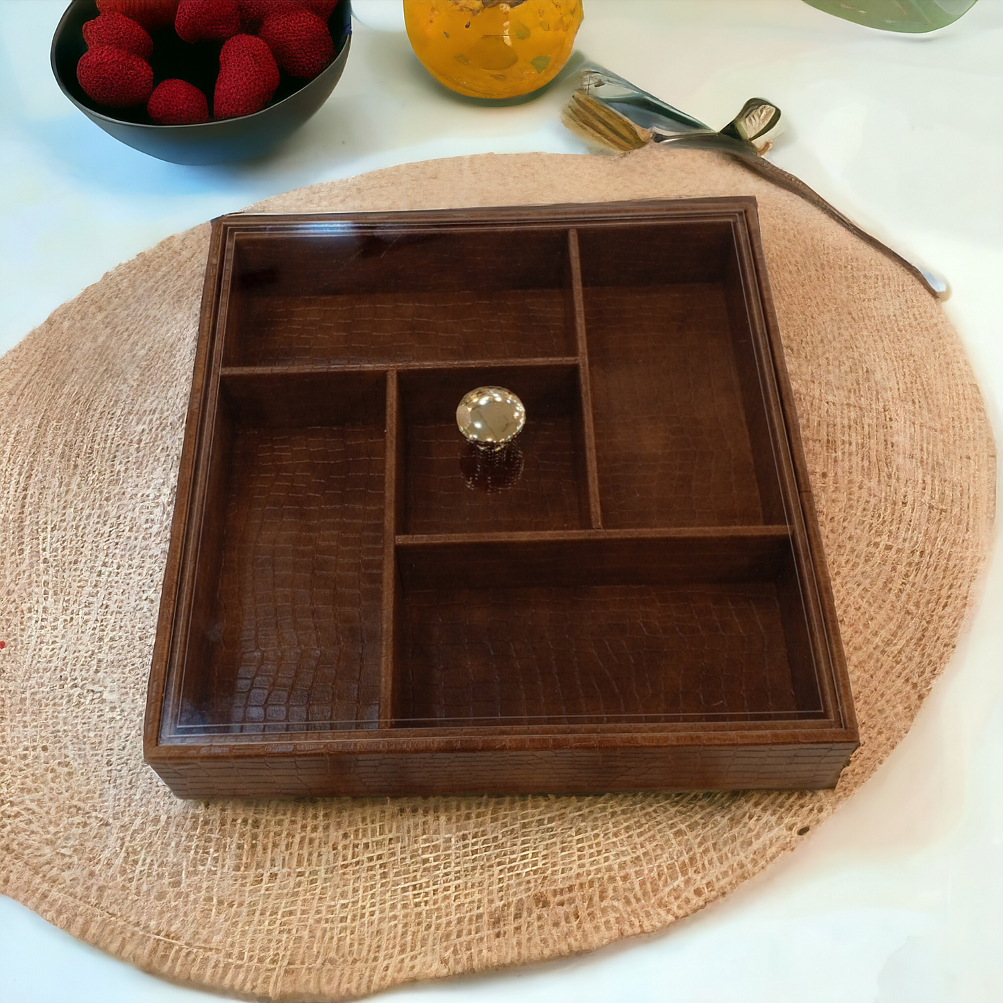 5 Grid Leather Dry Fruit Tray With Lid-Brown