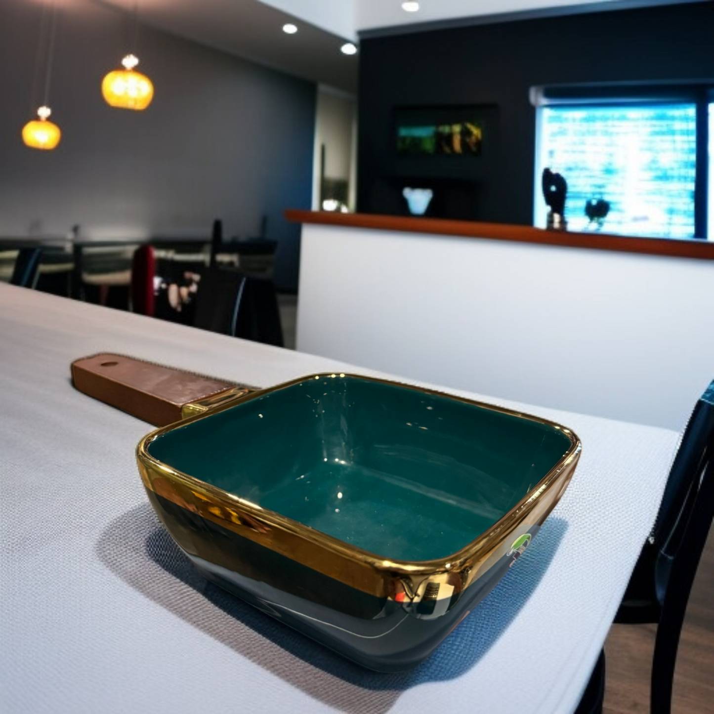 Wooden Handle Serving Dish-Dark Green