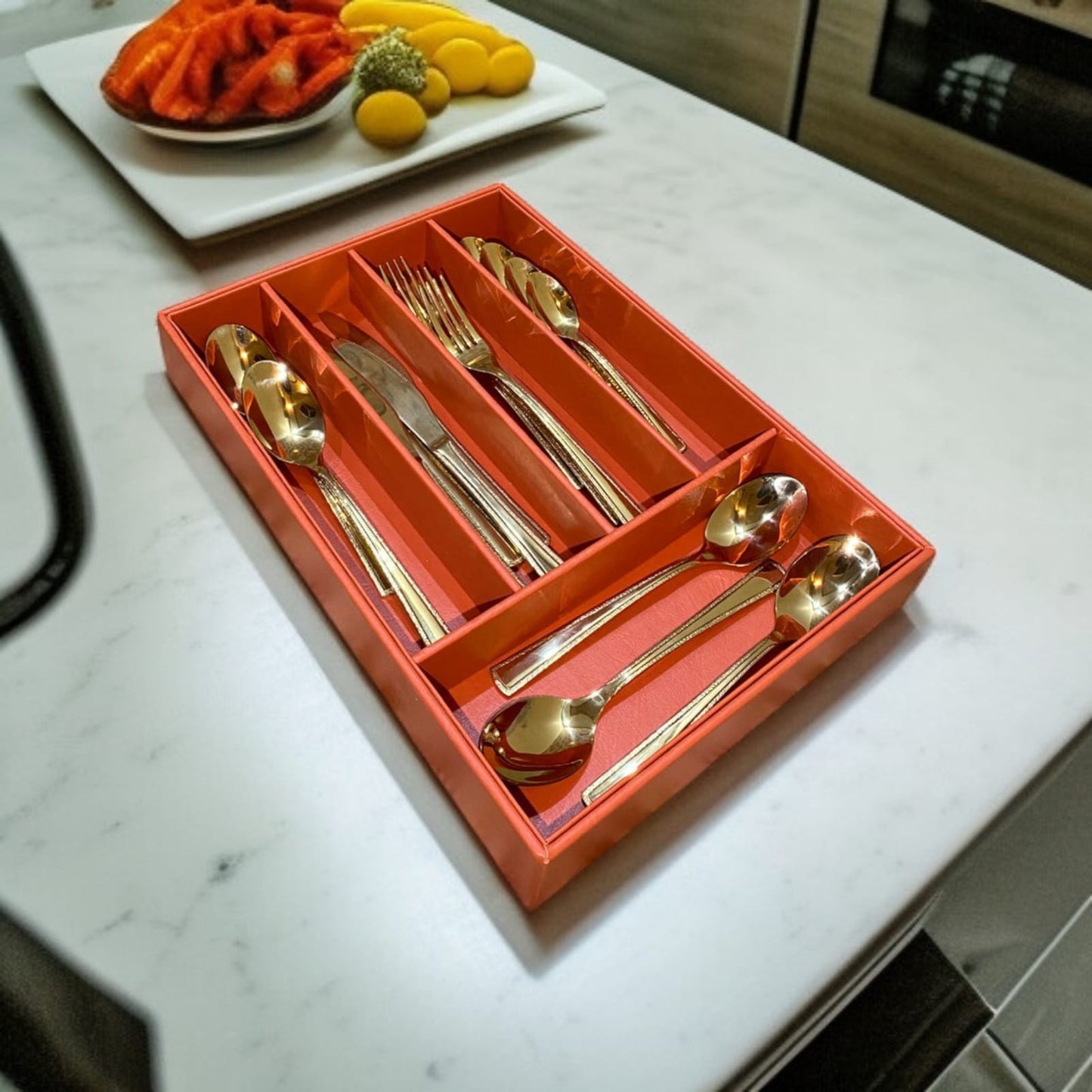 5 Grid Leather Cutlery Holder-Orange