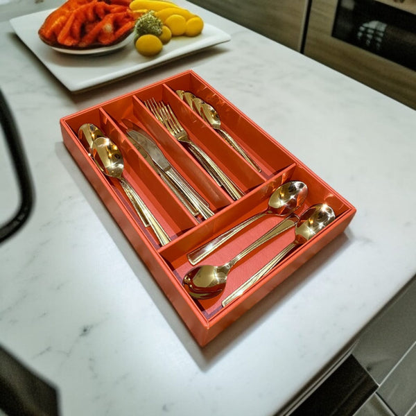 5 Grid Leather Cutlery Holder-Orange