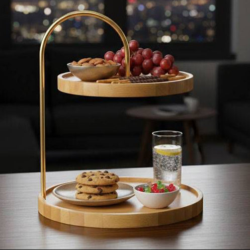 2 Tier Round Wooden Tray