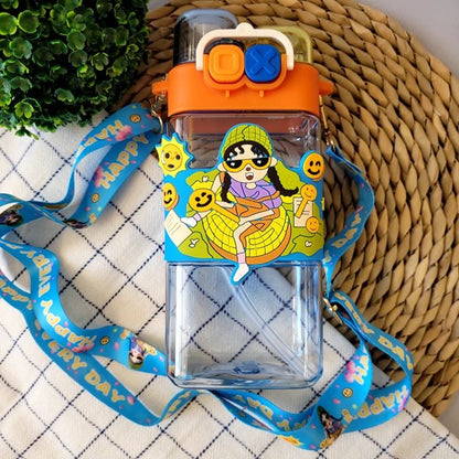 Cartoon girl square water bottle with strap