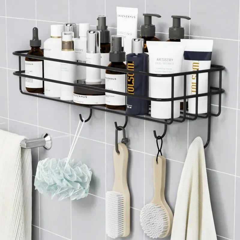 Wall Mounted Rectangle Metal Shelf with Hooks (Black)