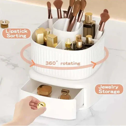 Rotating Cosmetic Holder with Drawer-White