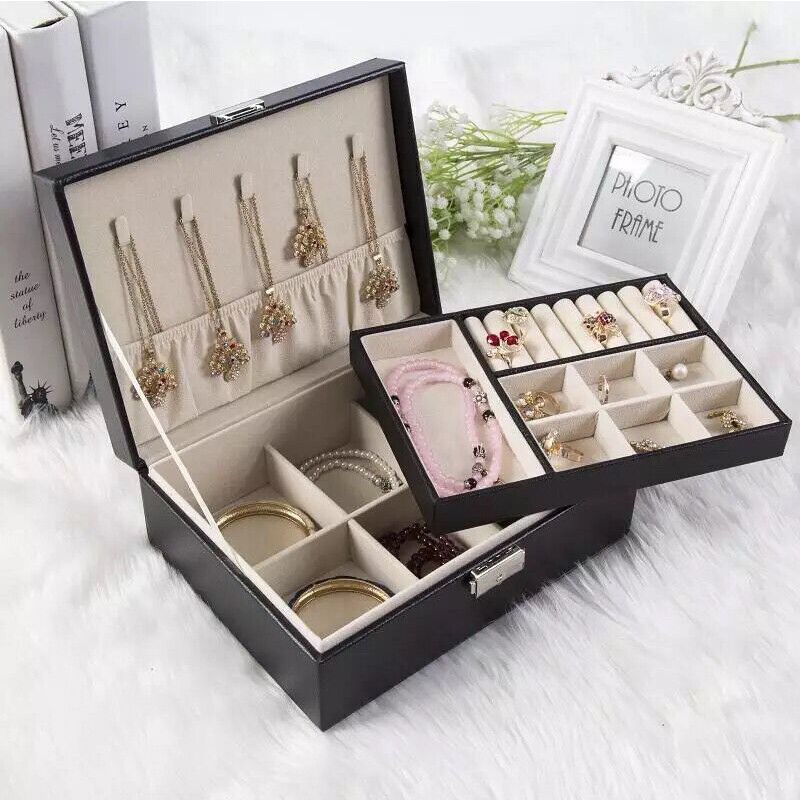 Double Layer Leather Jewellery Box-Black